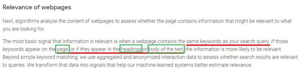 google mentioning relevance of webpages