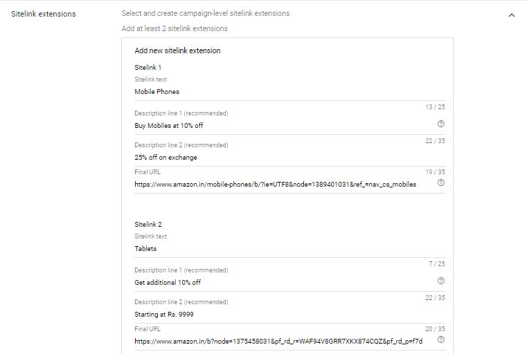 sitelink exyensions in google ads